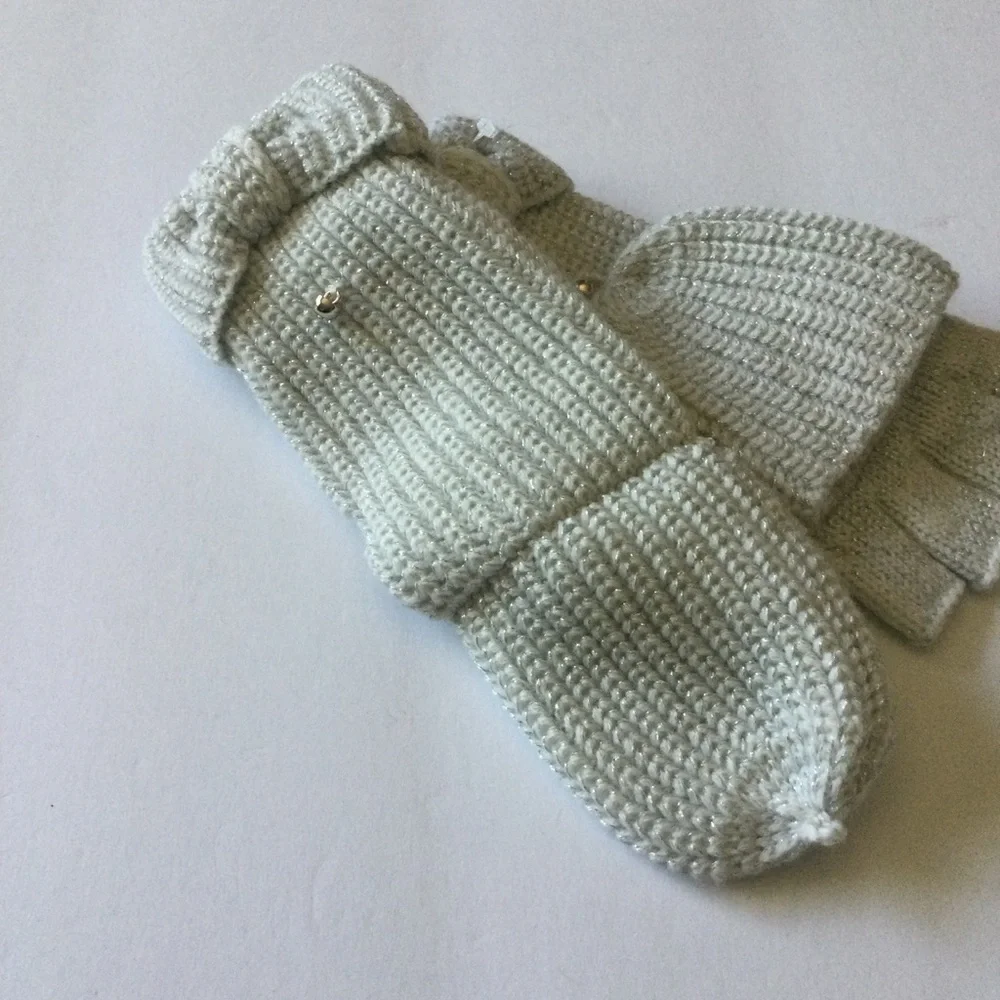 KATE SPADE METALLIC BOW POP TOP CONVERTIBLE MITTENS FINGERLESS GLOVES SILVER NWO